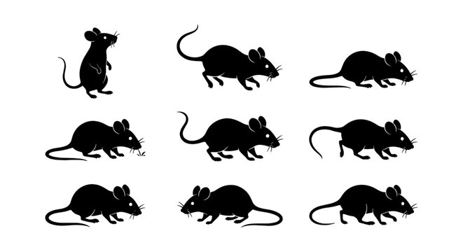 Black mouse silhouette collection, set of 9 rodent icons in various poses, minimalist rat vector graphics for pest control and wildlife design