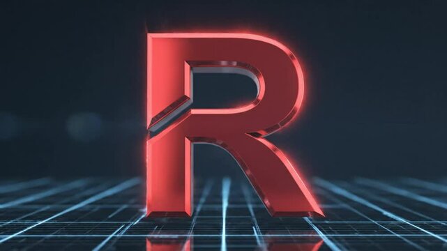 Futuristic Red Metallic Letter R Glowing with Light Effects on a Grid Background