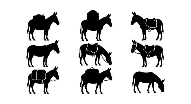 Donkey silhouette vector set, 9 pack animal icons with saddles and cargo, black mule and burro profile illustrations for farming and travel