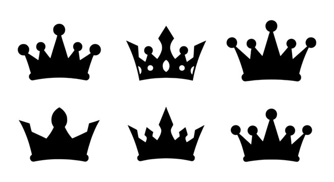 Royal crown silhouettes set, black imperial tiara icons, 6 elegant king and queen headwear vector elements for luxury branding and logo design