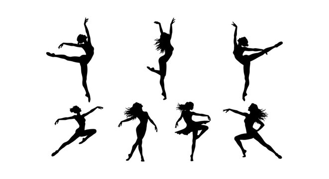 Graceful ballerina silhouettes set, elegant ballet dancer vector collection, 7 female dancers in expressive poses, black dance figures on white background