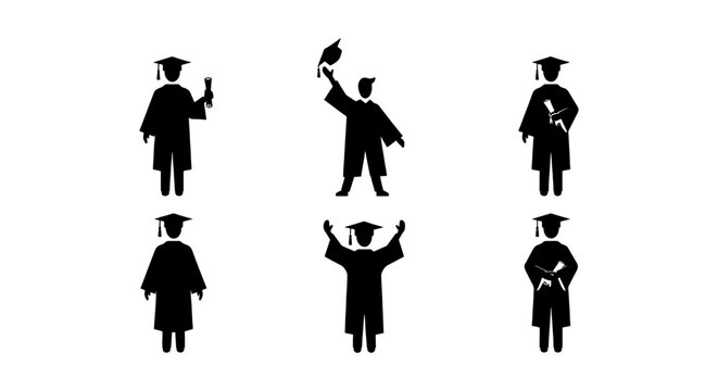 Graduation student silhouette icons set, academic achievement figures in gowns and caps, 6 university graduate vector elements for education design