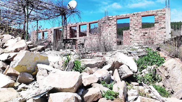 Pile of stone rubble outside a partially demolished rural house with an old grape vine in the garden, representing property renovation, redevelopment, and real estate opportunity.