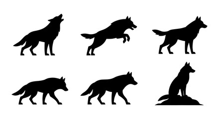 Wolf silhouette vector collection, 6 wild animal icons in various poses, howling and running timber wolf set, black coyote and husky dog shapes © Md