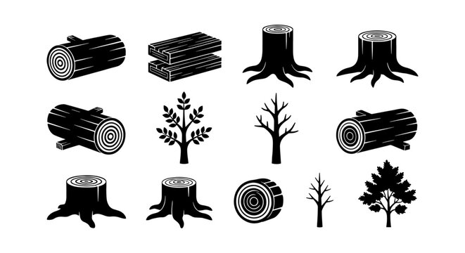 Black and white wood log icons set, timber industry lumber and tree stump vector elements, forestry and carpentry woodcraft symbols