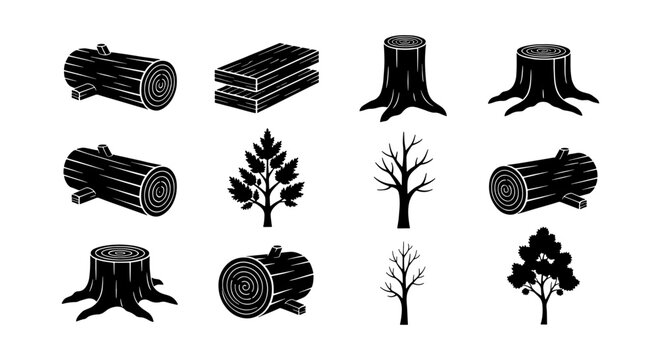 Wood industry icons set, timber logs and tree stumps collection, black silhouette forestry symbols, 12 vector elements for woodworking and lumberjack branding