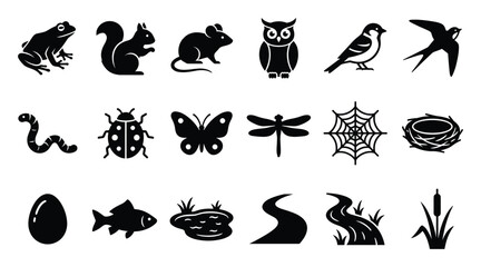 Fototapeta premium Set of wildlife and nature icons depicting various animals insects birds fish and environmental elements suitable for educational materials or conservation themes