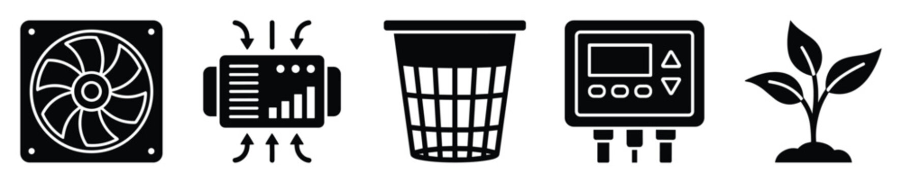 Collection of essential glyph icons depicting modern hydroponic growing system components and smart indoor farming technology for agricultural graphic resources and automation concepts