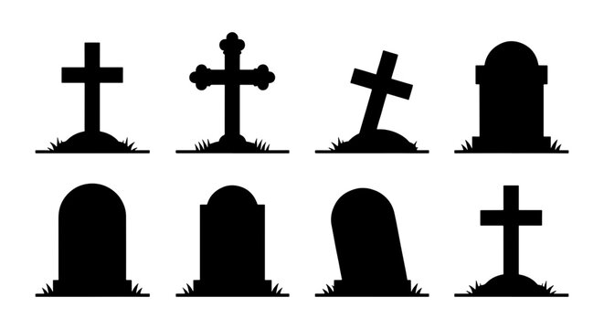 Gravestone silhouette icons set, spooky cemetery headstone vector collection, 8 black tombstone symbols for Halloween and funeral design