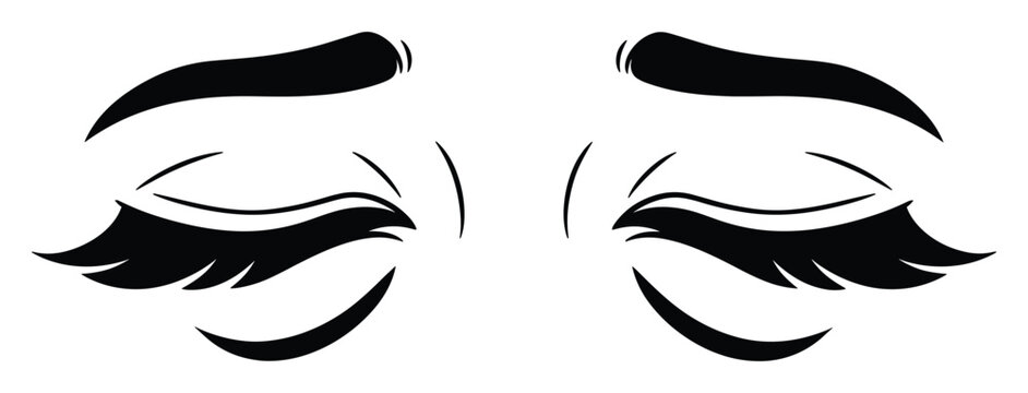 Emotional stylized closed eyes with flowing eyelashes and prominent eyebrows, conveying deep sorrow or peaceful slumber for expressive visual communication and symbolic representation.