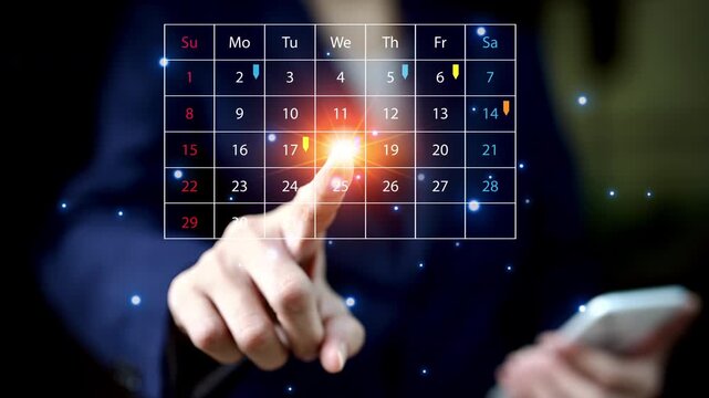 A businessman uses a digital calendar interface to manage schedule and appointments, representing time management, business planning, and organization in a modern workplace environment context.