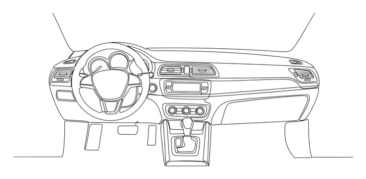 Modern car interior dashboard and steering wheel in a minimalistic one line drawing style, perfect for automotive concepts, transportation graphics, and vehicle technology presentations