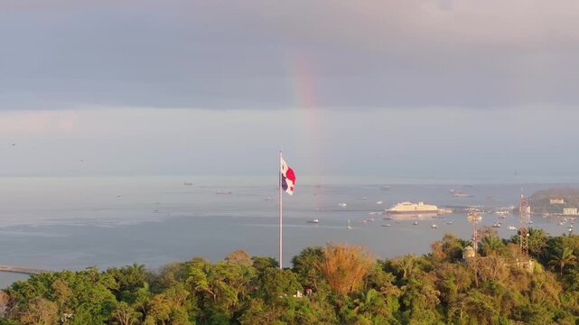 Aerial drone shot from Ancon Hill in Panama with a rainbow in the background