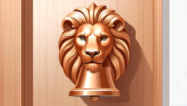 Golden lion doorknocker attached to a wooden door