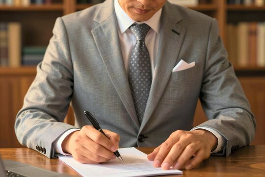 Middle Aged Individual To Of Asian Descent Person Seated In Front Open Laptop Working Engaged Form Digital Activity Dressed Formally Grey Suit With