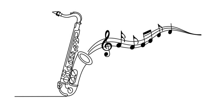 A single line drawing illustration of a saxophone playing music with floating musical notation Vector, illustration