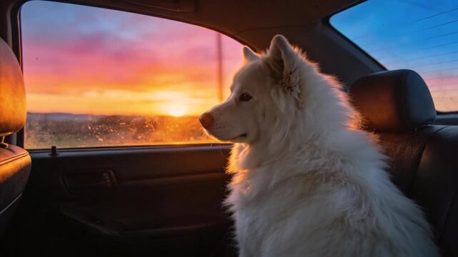 White Samoyed Dog Looking Out of Car Window at Golden Sunset