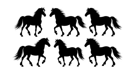 Black horse silhouette collection, set of 6 stallion vector icons, wild mustang galloping profiles, equestrian animal graphics for logo design © Monir