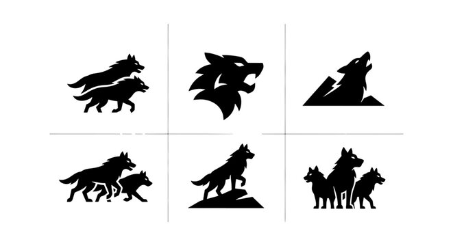Wolf silhouette logo collection, 6 black animal icons, wild predator mascot set, howling and running wolf pack vector graphics for branding