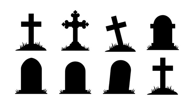 Spooky Halloween gravestone silhouettes, set of 8 cemetery headstones and crosses, black graveyard tombstone icons for funeral and horror design