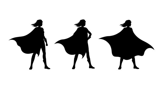 Superhero woman silhouette set, female hero with waving cape in three poses, powerful lady warrior vector icons for leadership and empowerment concepts