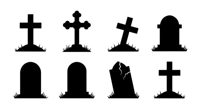 Spooky Halloween gravestone silhouettes, set of 8 cemetery tombstone icons, black graveyard headstone vector elements for horror design