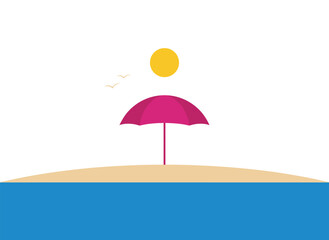 Obraz premium Peaceful summer beach scene with pink umbrella at sunny tropical getaway