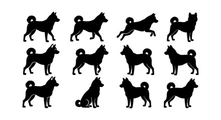 Shiba Inu dog silhouettes collection, 12 black canine vector icons, Japanese Akita breed poses in profile, standing and running pet animal graphics © Monir