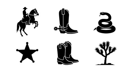 Obraz premium Wild West cowboy silhouette icons, 6 western vector elements including sheriff star and boots, rustic desert ranch graphics for branding