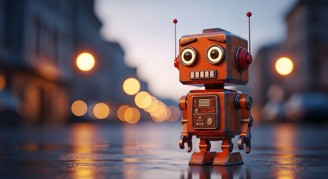 Small vintage robot standing on a wet city street at night