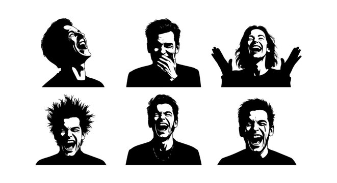 Black and white stencil portraits of laughing people, set of 6 expressive male and female silhouettes, high contrast comic style character avatars