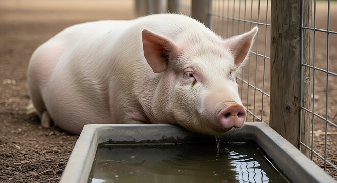 Pig resting by water trough outdoors.