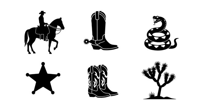 Wild West silhouette icons set, cowboy riding horse and rattlesnake vector, sheriff star and desert joshua tree, black western boot illustrations