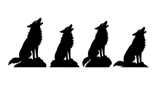 Howling wolf silhouette set, black wild dog animal silhouettes on rocks, 4 howling wolves vector icons for outdoor adventure and wilderness design