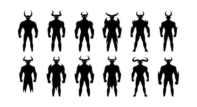Demonic warrior silhouettes set, 12 horned devil character icons, mythical monster creature silhouettes for gaming and fantasy design
