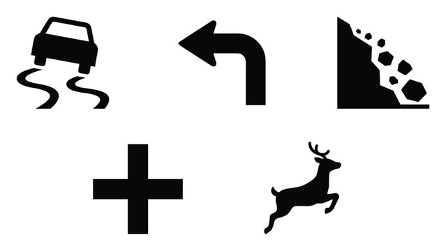 Comprehensive set of essential black silhouette road safety and traffic warning signs including slippery car, sharp left turn, falling rocks, intersection, and deer crossing for