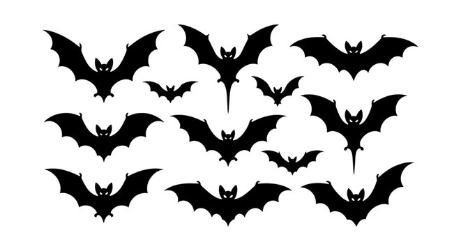 Halloween bat silhouettes set, black flying bats collection of 12 vector icons, spooky vampire bat wings for gothic party decoration and holiday design