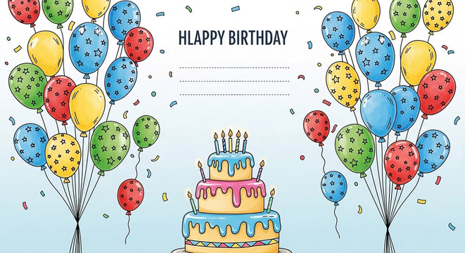 Festive birthday cake and balloons with "Hlappy Birthday" text