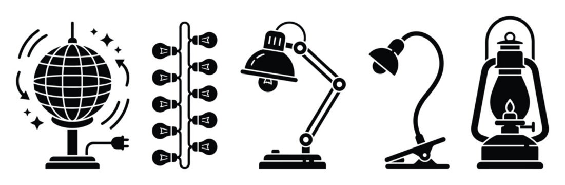 Diverse black silhouette lighting icons including disco balls, string lights, desk lamps, clipon lamps, and vintage lanterns, useful for modern interface design and thematic presentations.