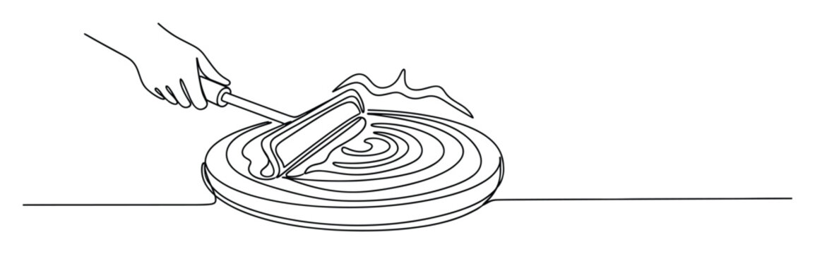 Continuous single line art of a hand using a spreader to create a circular dish on a hot surface, perfect for food preparation blogs and cooking process visuals
