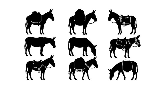 Donkey silhouette vector set, pack animal collection with saddles and cargo, black mule and burro icons isolated on white, 9 farm animal elements