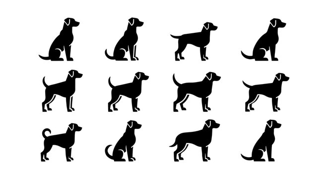Black dog silhouette icons set, 12 labrador and retriever vector elements, flat animal profile symbols for pet care branding and veterinary logos