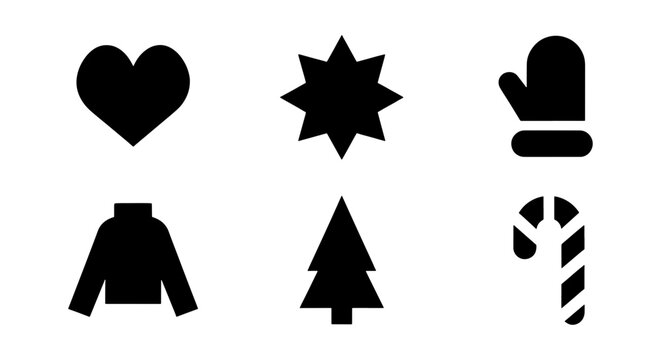 Minimalist Christmas icons set, black winter holiday silhouettes, 6 vector elements including pine tree, mitten, sweater, and candy cane