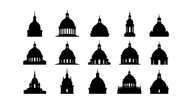 Classical dome silhouettes, set of 15 architectural cupola icons, black cathedral and government building roof vectors, historical landmark shapes