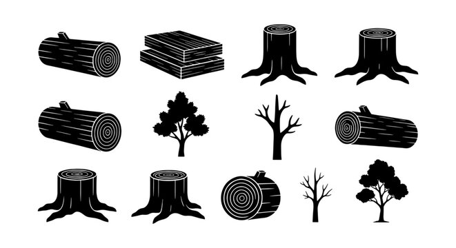 Black wood icon set with timber logs and tree stumps, collection of 12 forestry vector elements, wooden planks and tree silhouettes on white background
