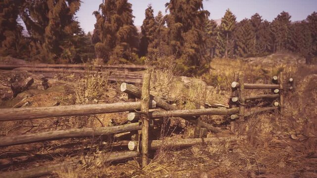 A rustic wooden fence borders a tranquil forest area. The warm light of golden hour casts a gentle glow over the rocky terrain and surrounding trees, creating a peaceful atmosphere.