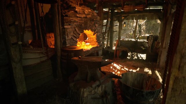 An old forge bustles with activity as a blacksmith works on creating tools. The warm glow from the fire illuminates the rustic surroundings, enhancing the craftsmanship.