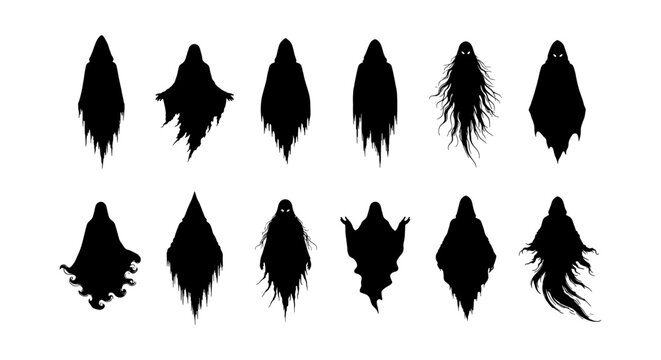 Spooky ghost silhouette collection, 12 creepy phantom vector icons, black haunting spirit shapes for Halloween design, ethereal wraith and spectre set