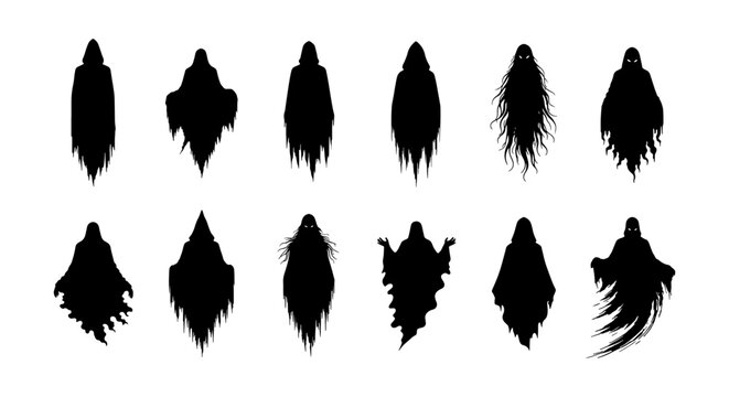 Spooky ghost silhouettes set, 12 black phantom vector icons, creepy halloween spirit characters, dark ethereal wraith shapes for graphic design