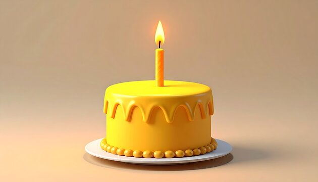Cartoon-style yellow birthday cake with one lit candle on beige background